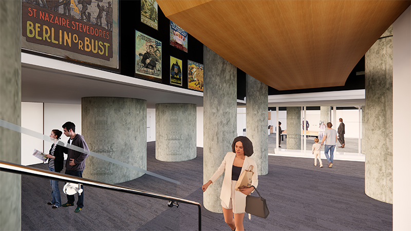 Digital rendering of an open-plan room with posters on the walls.