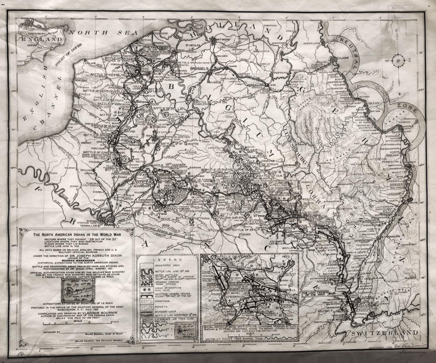 Scan of a detailed map of the WWI frontlines in Europe, with ots of little X's, crosses, stars and other symbols to denote locations of battles and graves.