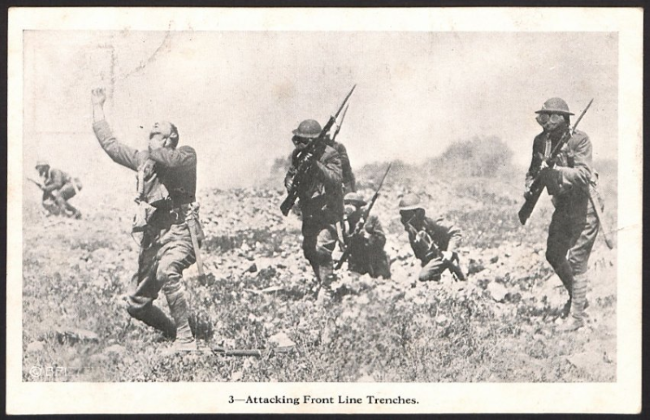 Photo of AEF soldiers leaving a trench with gas masks on, showing a man struggling to breathe, caption labeling it as fake