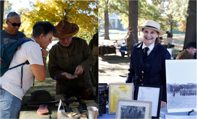 Left image: modern photograph of a white man in a U.S. WWI soldier uniform showing a small artifact to a white woman in 21st-century t-shirt and jeans. Right image: Modern photograph of a white woman wearing a U.S. WWI yeoman uniform for women smiling at the viewer from behind a table full of artifacts.