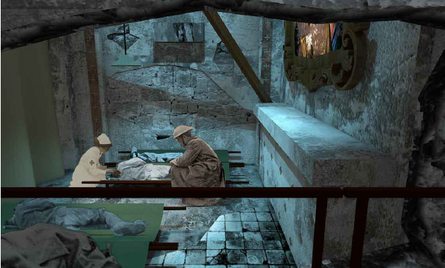 Computer rendering of a devastated stone building. Inside, a WWI nurse and soldier tend to an injured person on a stretcher.