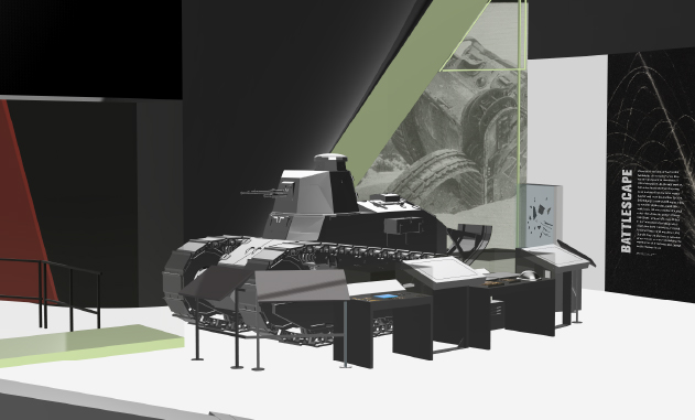 Computer rendering of a small WWI tank in a museum exhibition.