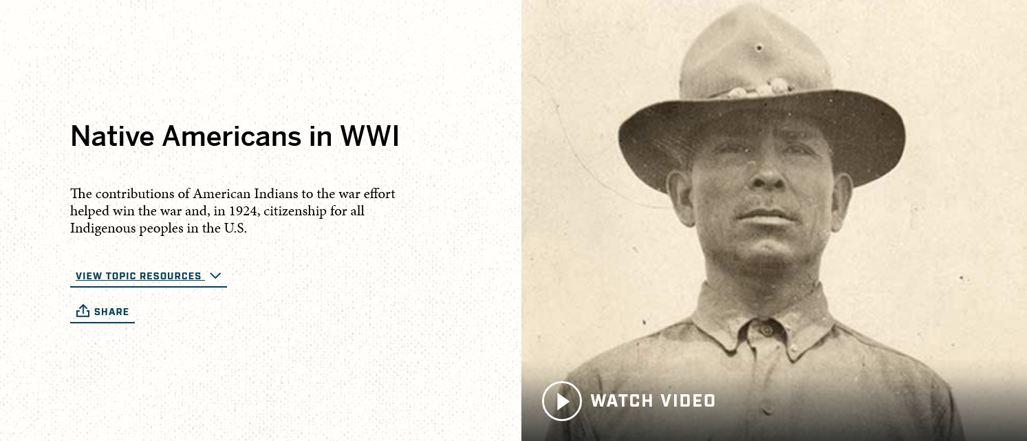 Screenshot of a webpage titled "Native Americans in WWI" accompanied by a black and white photograph of a Native American soldier wearing a U.S. military uniform