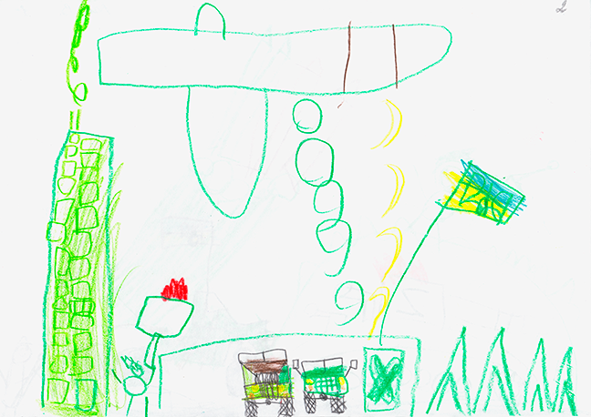 A child's drawing on a white background. A plane drawn in green crayon drops bananas over a building, two trucks, the Ukraine flag, and a stick figure holding red flames.