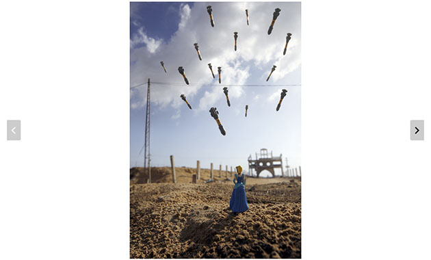 Modern photograph of a Disney Cinderella toy figurine placed in a bleak war-torn area. Toy missiles are suspended above her creating the illusion that they are falling on her.