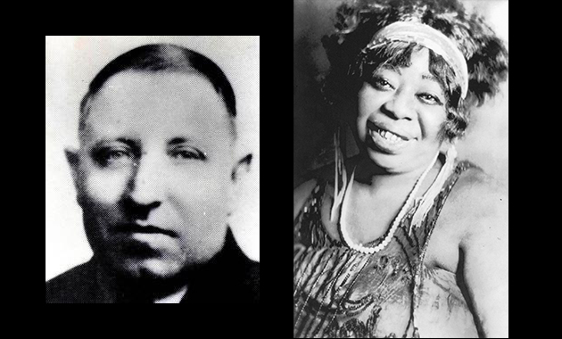 Two black and white portrait photos. One is of a round-faced, solemn white man. The other is a larger Black woman wearing a flapper dress and accessories, smiling at the viewer.