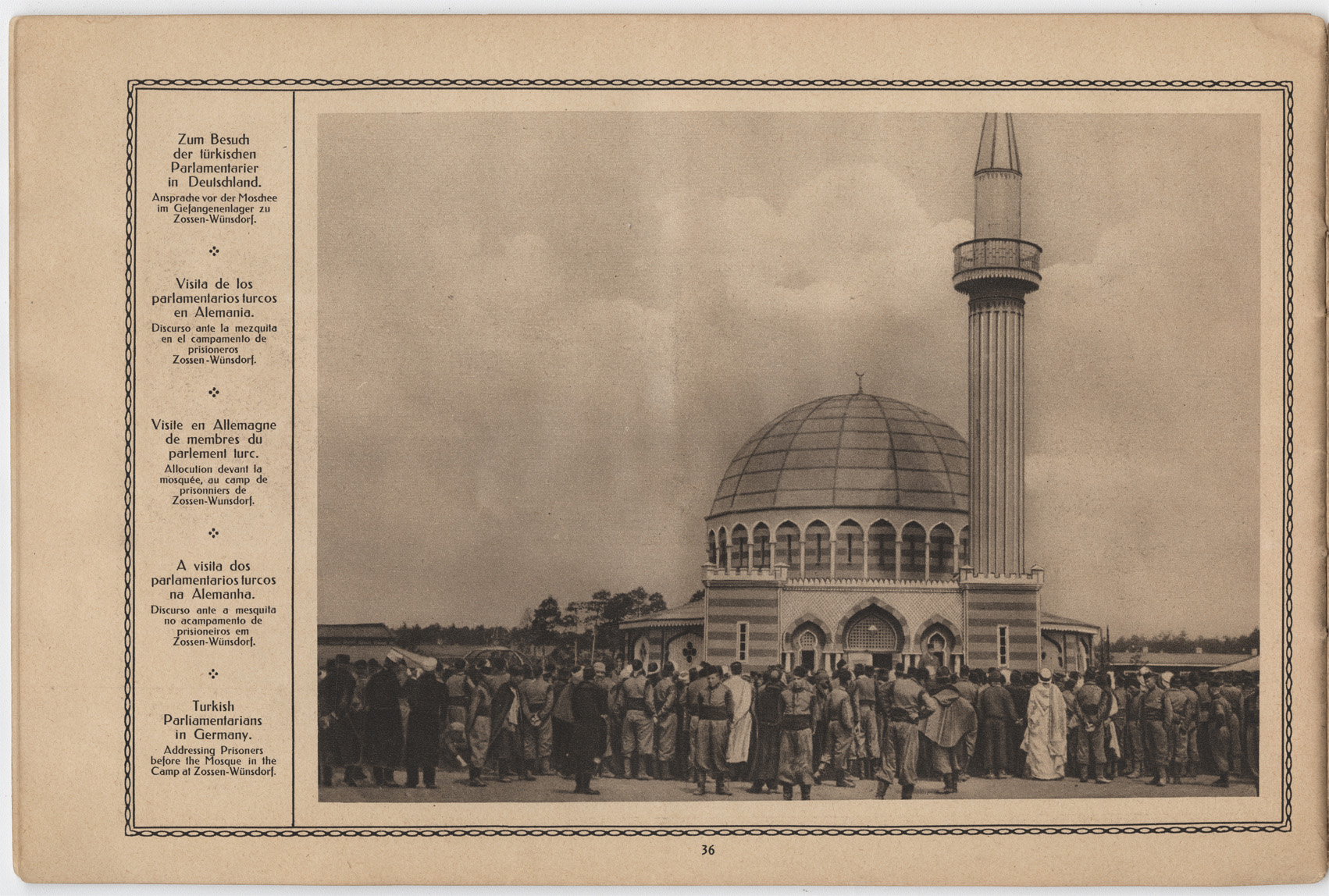 Scan of a vintage magazine page featuring a black and white photo of a small mosque surrounded by people. The caption on the side is translated into five languages.