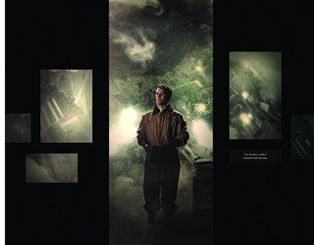 CG rendering of a multimedia presentation featuring a young white man wearing a leather aviator jacket in front of an atmospheric green background