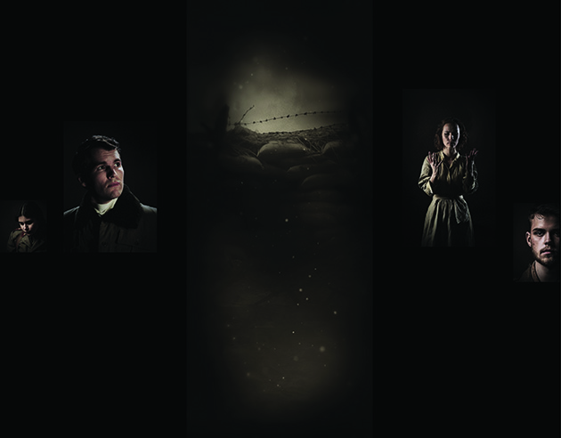 Various CG renderings of WWI-era men and women against dark, moody backdrops