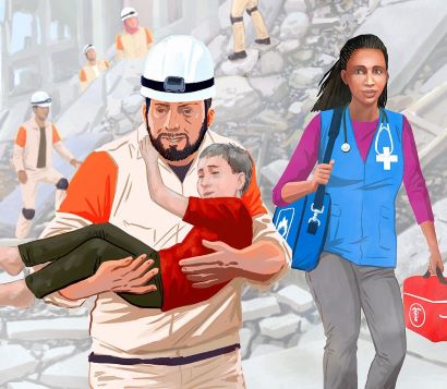 Artwork showing a rescue worker carrying a child, with a medical worker following behind. In the background, a group of rescue workers search through rubble.