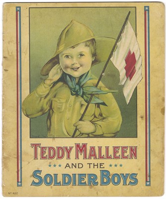 A young boy in a military style uniform holds a white flag with a red cross. The uniform is a bit large on the child. The book title is written on the front in red and blue, "Teddy Malleen and the Soldier Boys"