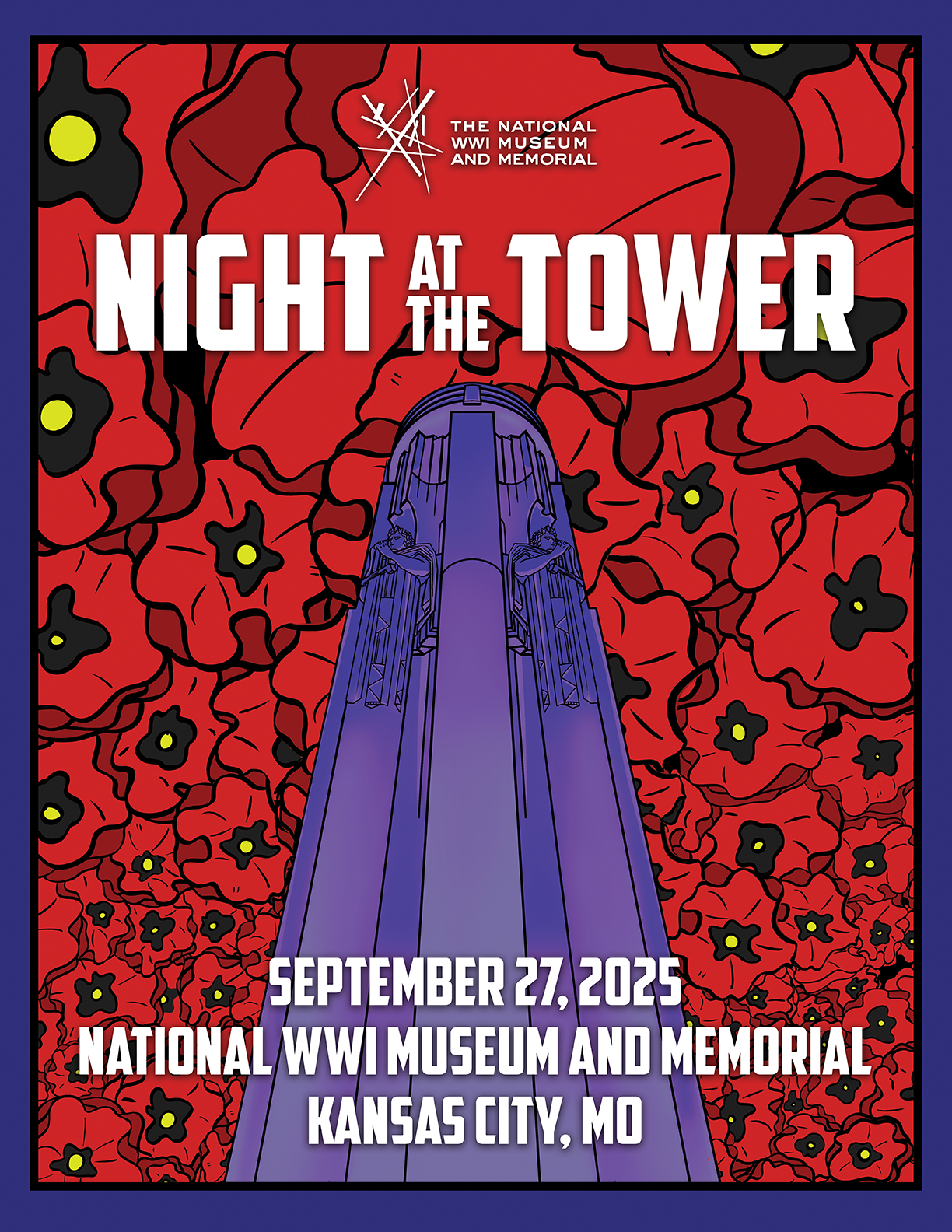 Poster graphic of a stylized Liberty Memorial Tower rendered in dark purple, stretching into a sky filled with stylized red poppies