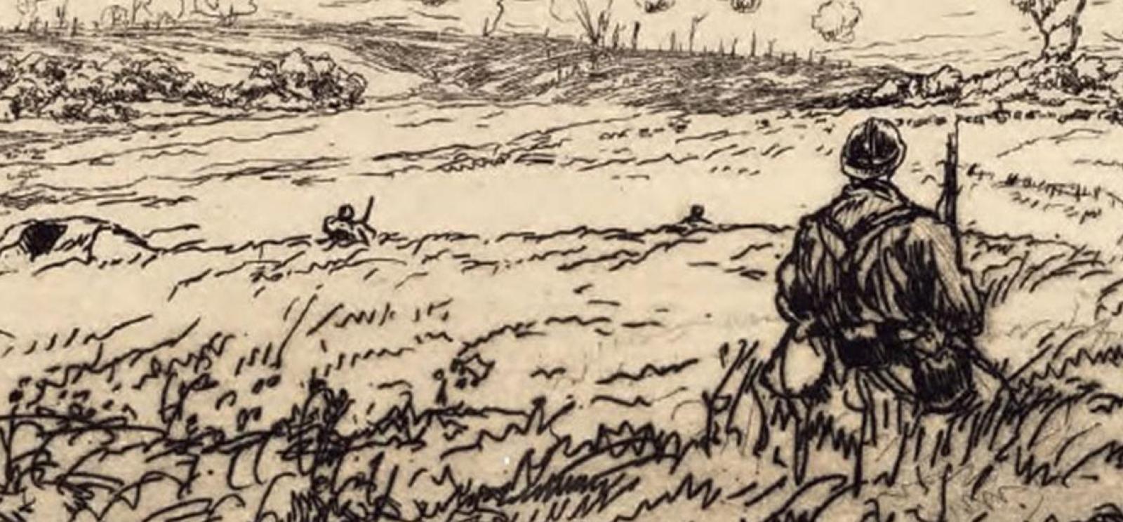 Pencil sketch of a field of waist-high tall grass. In the foreground, a soldier stands with his back to the viewer. In the background, the tops of soldiers' heads are visible among the grass.