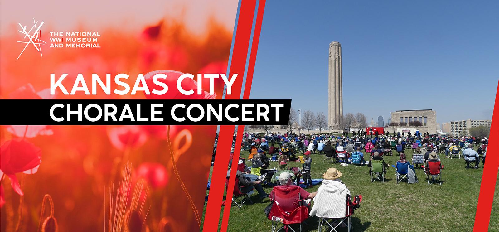 Image 1: Modern photograph of a field of flowers through a pink filter. Image 2: Modern photograph of a crowd of people seated on the Museum and Memorial lawn looking towards a stage, with Liberty Memorial Tower in the background.