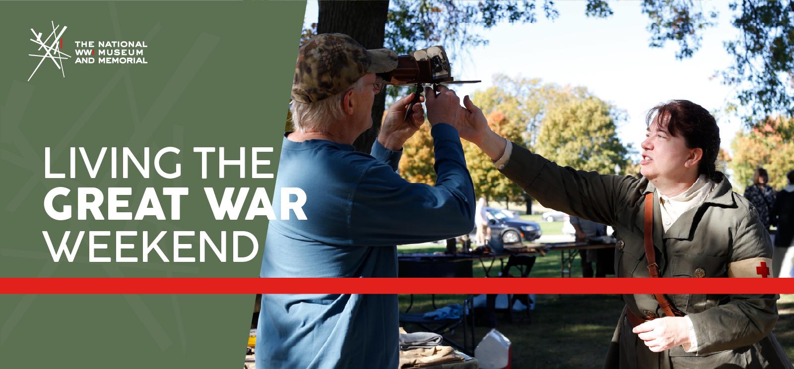 Image: Modern photograph of a white woman in WWI uniform reaching out to assist a white man in 21st-century shirt and pants as he peers through a vintage WWI stereoscope.