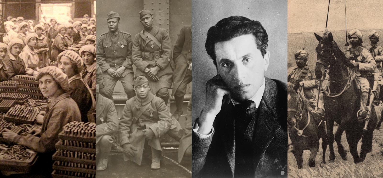 Collage of four vintage sepia or black-and-white photographs. Image 1: Rows of white women sitting at tables in a factory with bullets and other munitions piled between them. Image 2: A group of Black U.S. soldiers posed for a portrait in uniform. Image 3: portrait photograph of a gaunt-looking white man with dark hair resting his face on his hand. Image 4: Several Indian horse riders wearing turbans and carrying lances.