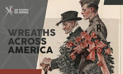 Image: painting of a WWI soldier holding a large wreath and standing next to an aged Civil War veteran. Text: Wreaths Across America