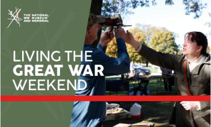 Image: Modern photograph of a white woman in WWI uniform reaching out to assist a white man in 21st-century shirt and pants as he peers through a vintage WWI stereoscope.