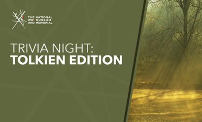 Image: Modern photograph of a marshy boggy wooded area, lit in greens and golds. Text: 'Trivia Night: Tolkien Edition'