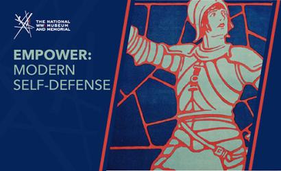 Image: Stylized illustration of Joan of Arc wearing medieval armor raising her sword arm in a call to action. Text: 'Empower: Modern Self-Defense'